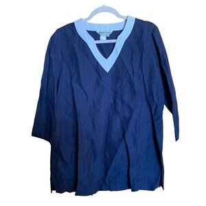 Wintersilks Womens Size Large Blue White Trim Silk Linen Blend Tunic Top Blouse